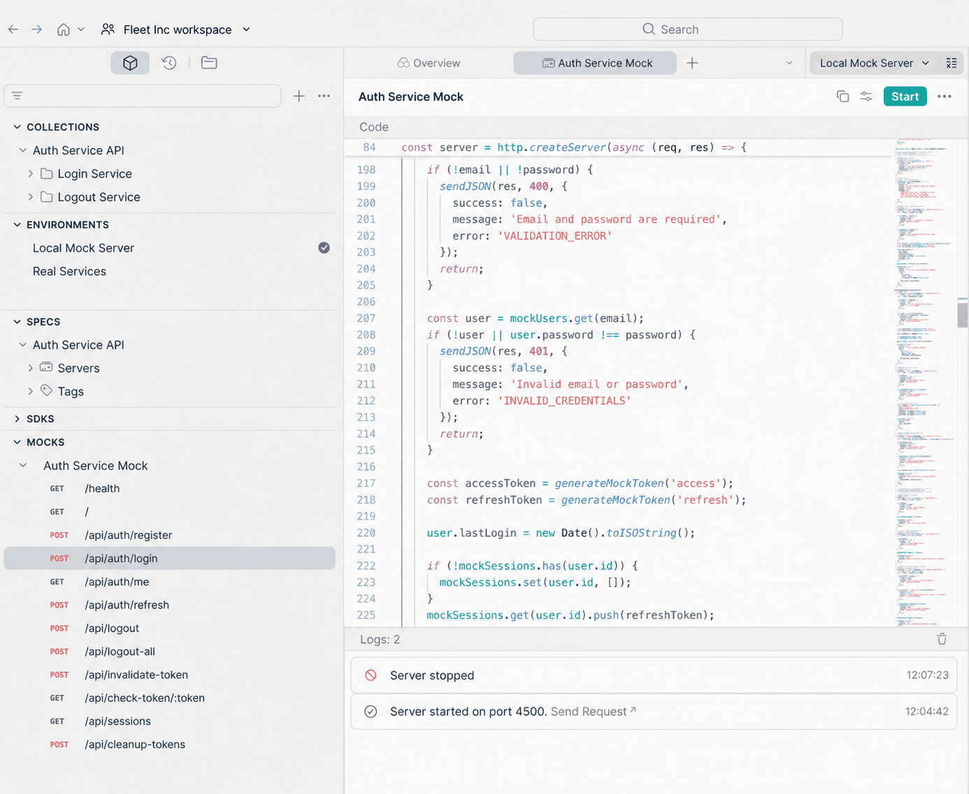 Postman showing Auth Service Mock with its endpoints beside the JavaScript that validates a login request, and a log confirming the mock server started